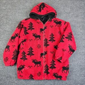 Avalanche Wear Hooded Fleece Jacket‎ Women's M Red Black Moose Tree Print USA